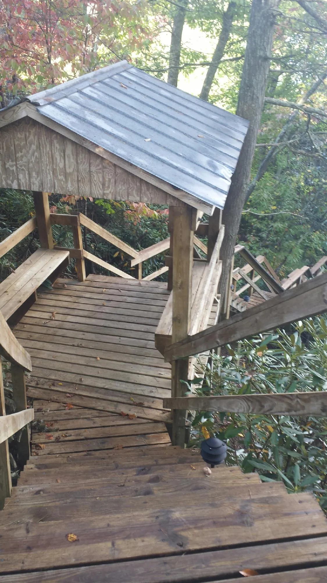 Metal roofed shelter over wooden steps on a wooded walkway — Skylight Repair & Installation work by our crew in Youngsville